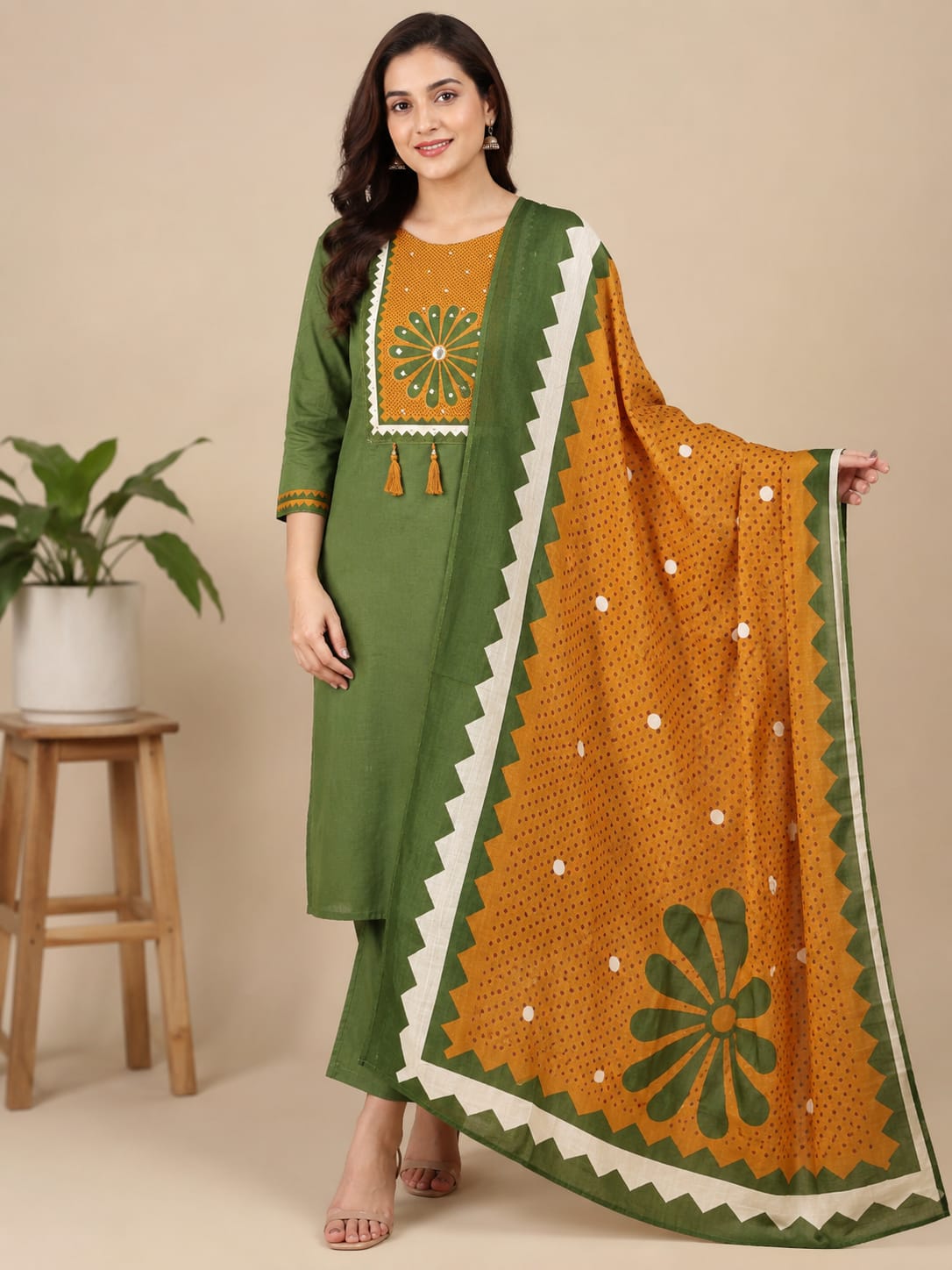 Women's ethenic wear Women's cotton suit with cotton dupatta and tassel work