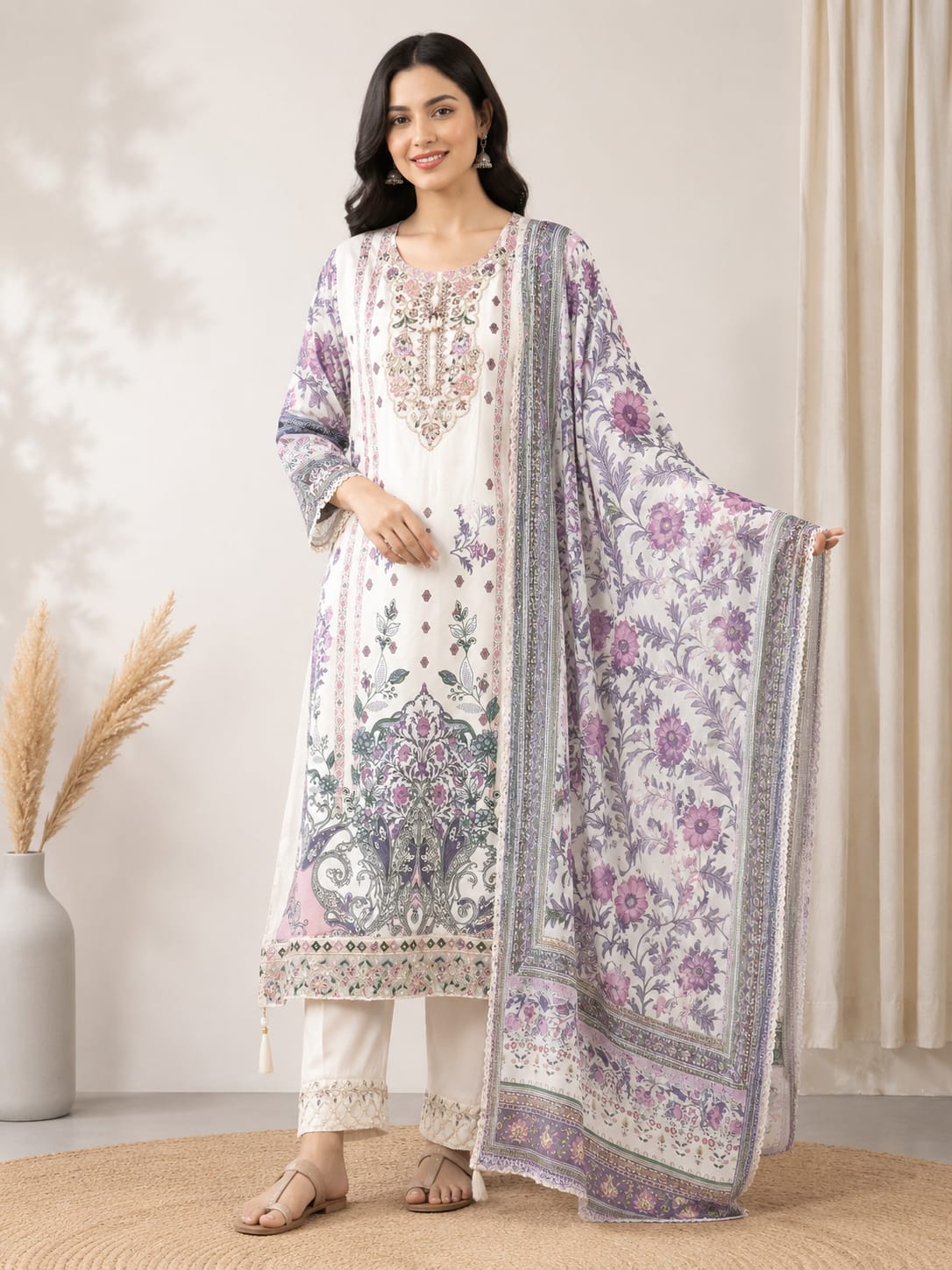 Pure pakistani 3 pc set with heavy embroidery and digital printed dupatta
