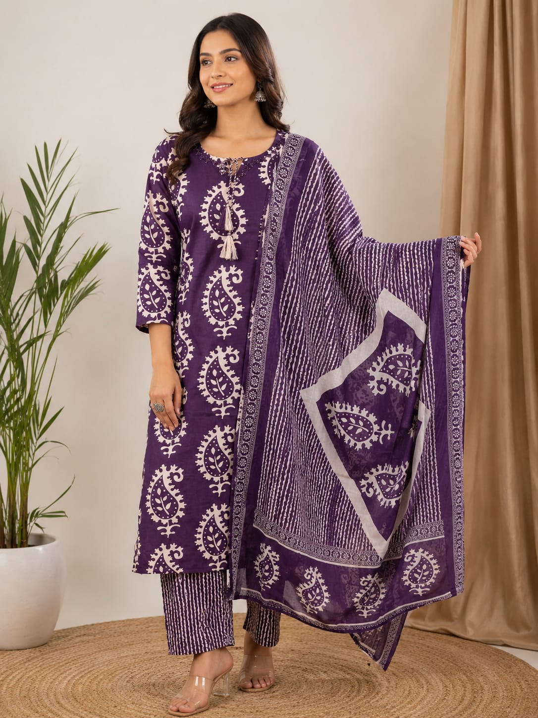 Women ajrak printed regular kurta with salwar and dupatta