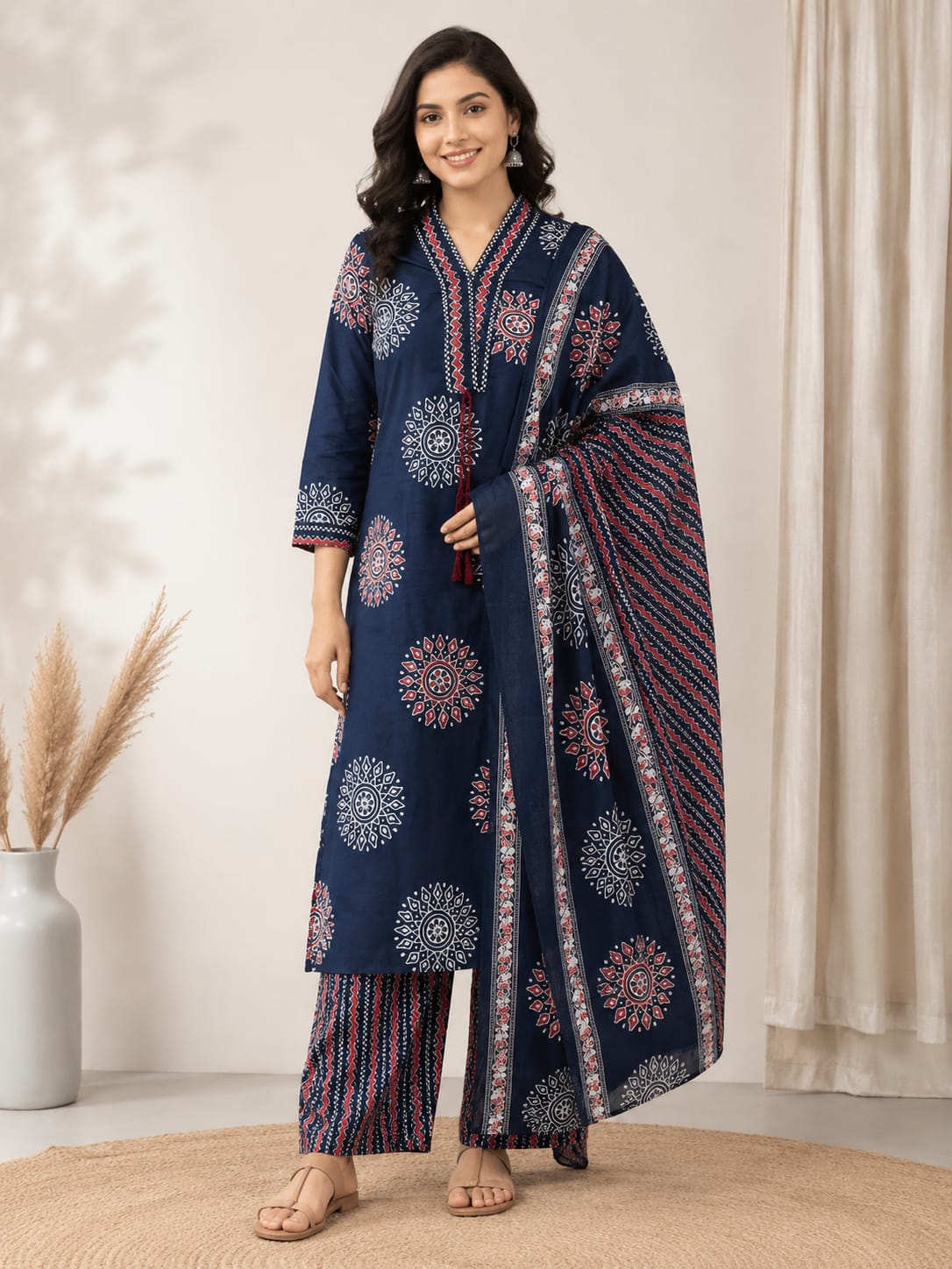 Women ajrak printed regular kurta with salwar and dupatta blue