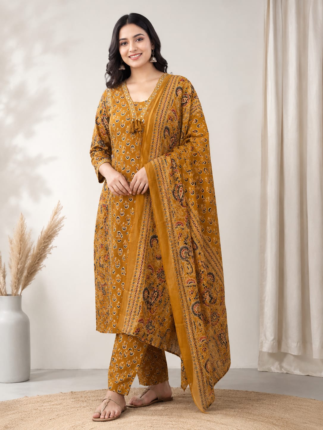Women jaipuri printed regular A-line kurta with salwar and dupatta